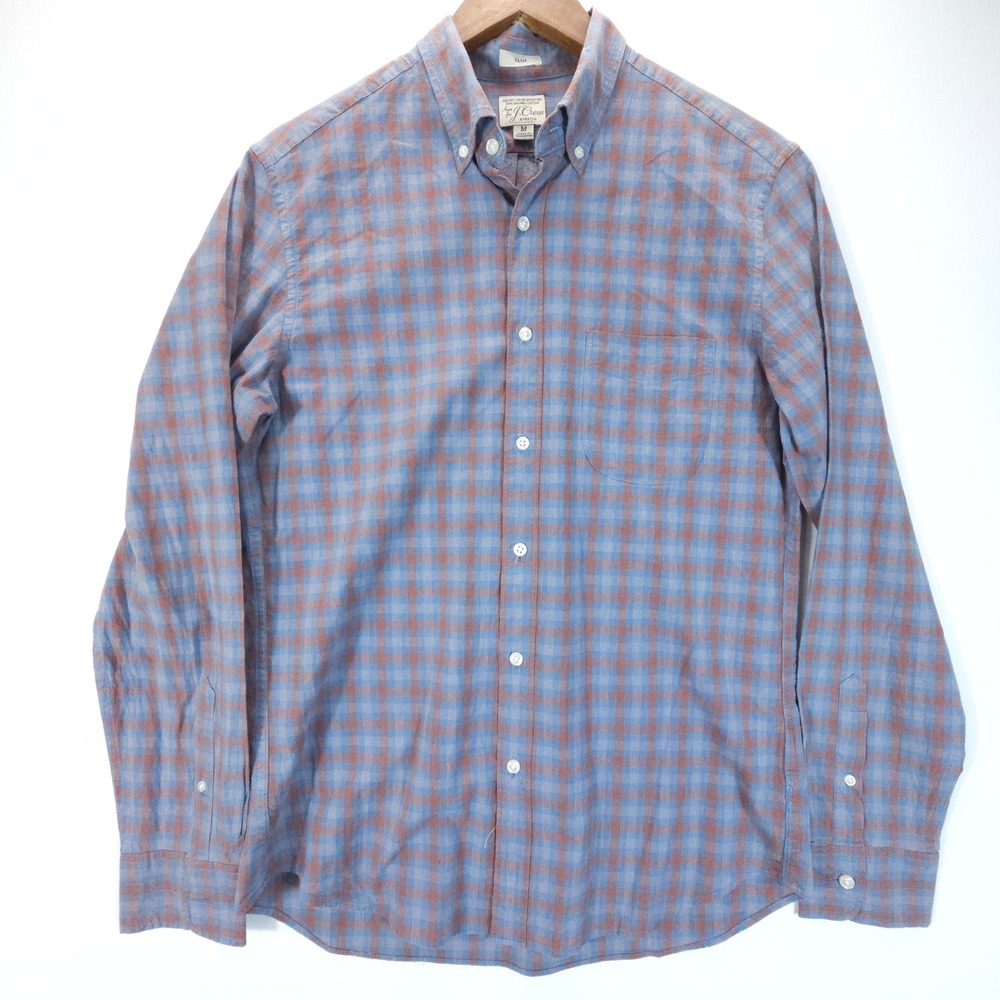 J. Crew Shirt Mens M Blue Brown Plaid Slim Fit Organic Cotton Stretch Streetwear